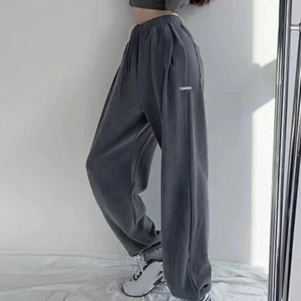 

Elastic Waistband Drawstring Pockets Ankle Banded Women Sweatpants Autumn Winter Straight Wide Leg High Waist Jogger Pants