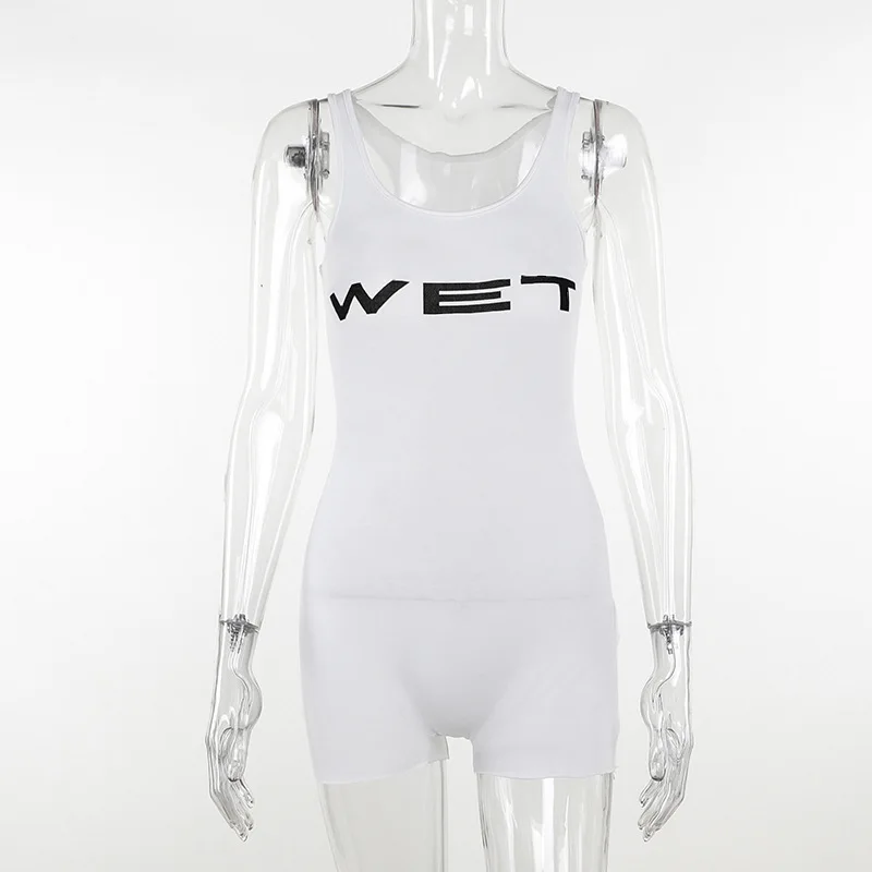Mono de una pieza blanco con estampado de letras para mujer, mono sin mangas, mono corto ajustado, ropa de verano