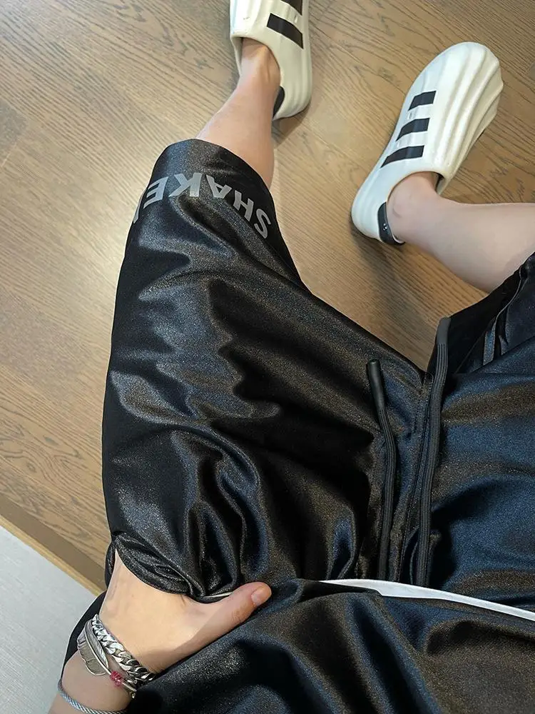 Men Shiny Silver Casual Shorts with Pockets Oversize Elastic Waist American Trendy Sports Pants Glossy Party High Street Bottoms