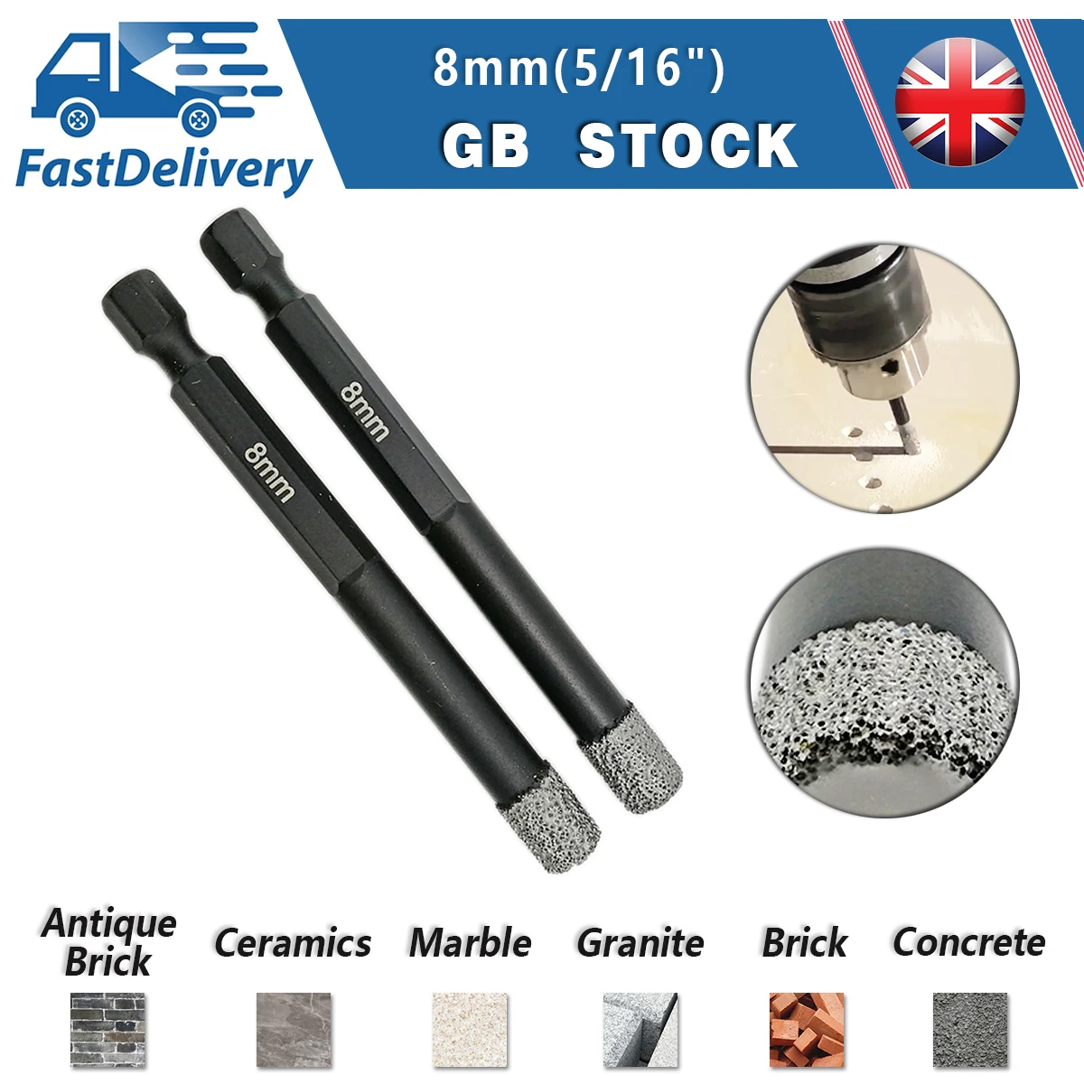 

Алмазная коронка SHDIATOOL, быстросохнущая втулка 8 мм для сухого сверления гранита, мрамора и камня, 2 шт.