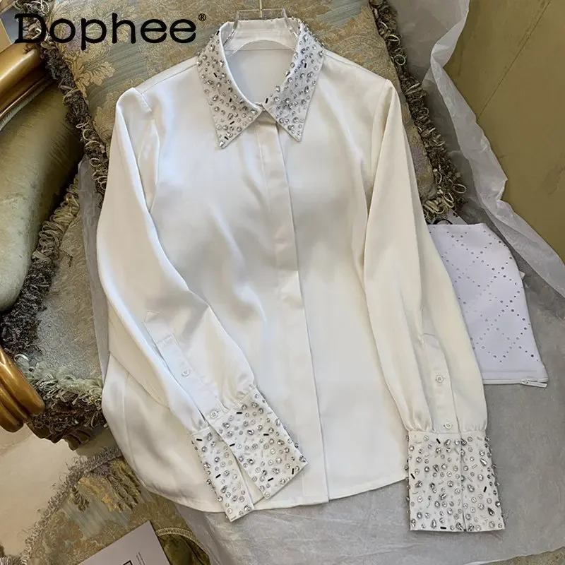 

High Quality Heavy Industry Diamond Lapel Long-Sleeve Blouse Hot Selling White Button Shirt Top for Women Spring Summer Clothing