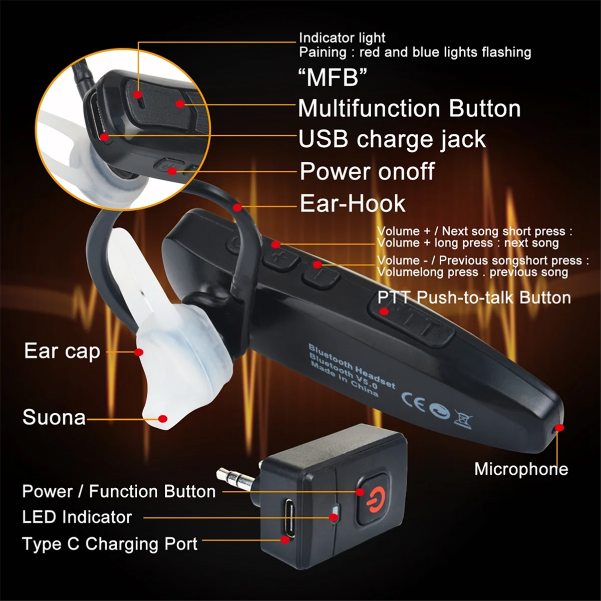 Walkie Talkie Wireless Bluetooth PTT Headset Earpiece Hands-Free K Plug for KENWOOD Microphone Headset Adapter NND