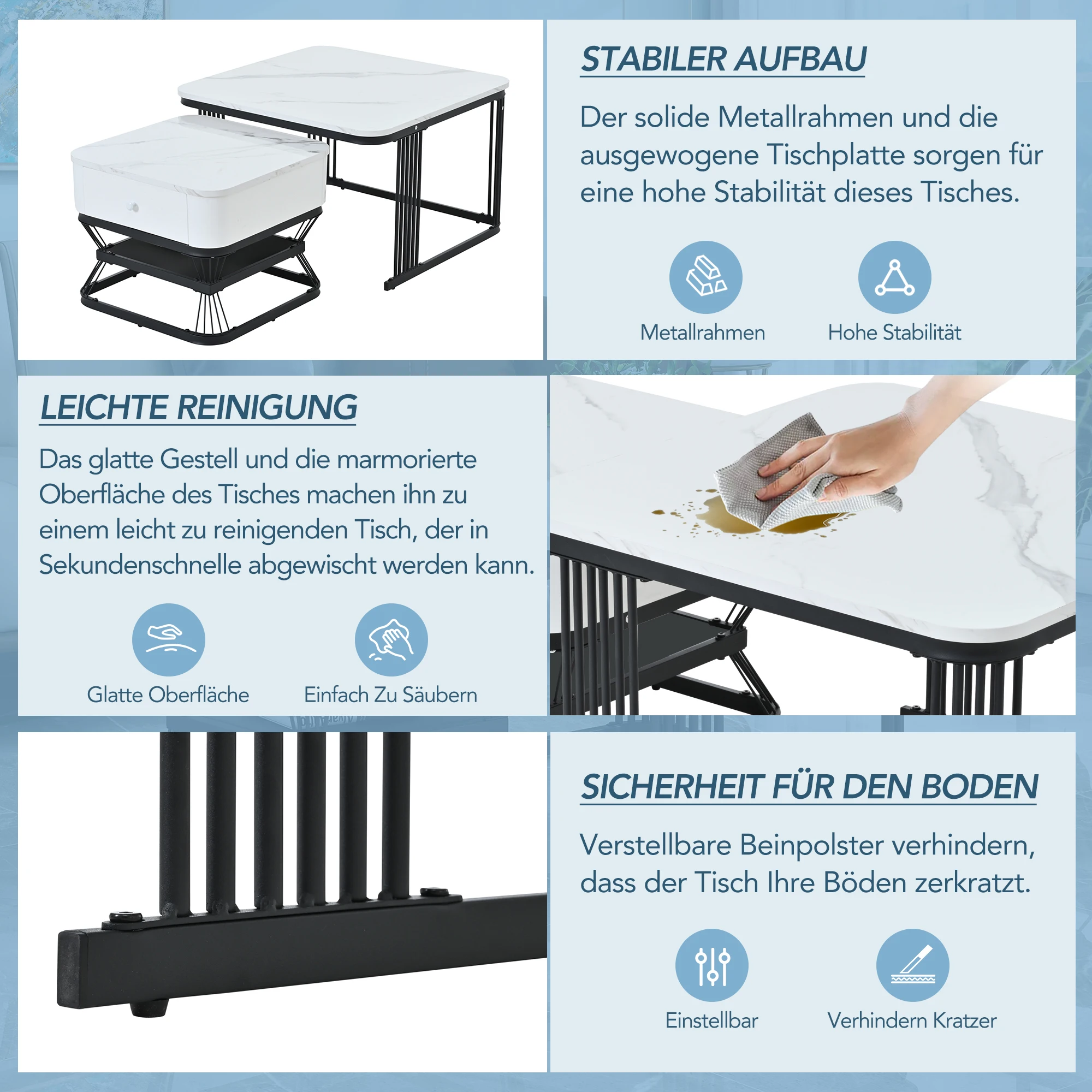 2-teiliges Couchtisch-Set, geometrisches Couchtisch-Set, Hochglanz-Marmor-Look, Wohnzimmertisch-Set mit 1 Schublade, Sofatisch – Detail 23