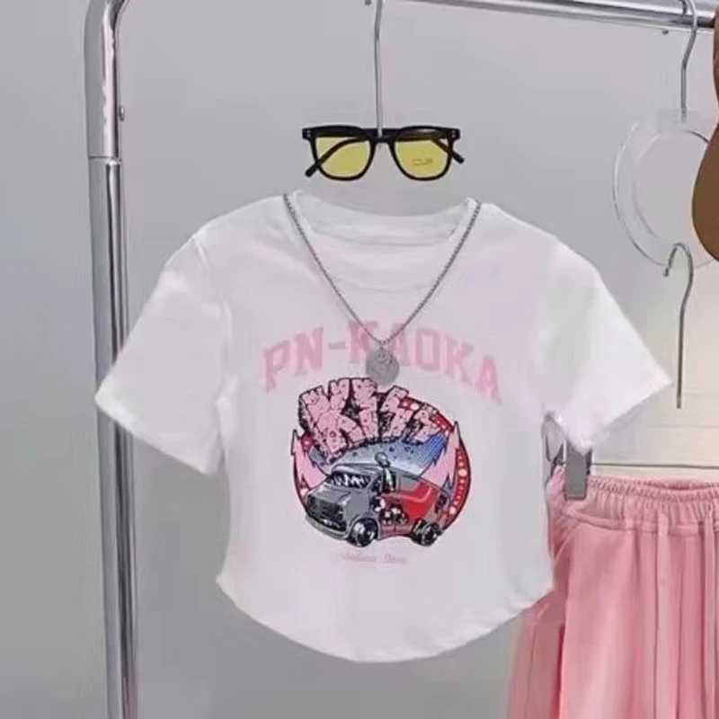 Girls Clothing Set Teenager Summer Girls Clothes Midriff Street Suit Crop Top T Shirt + Pant