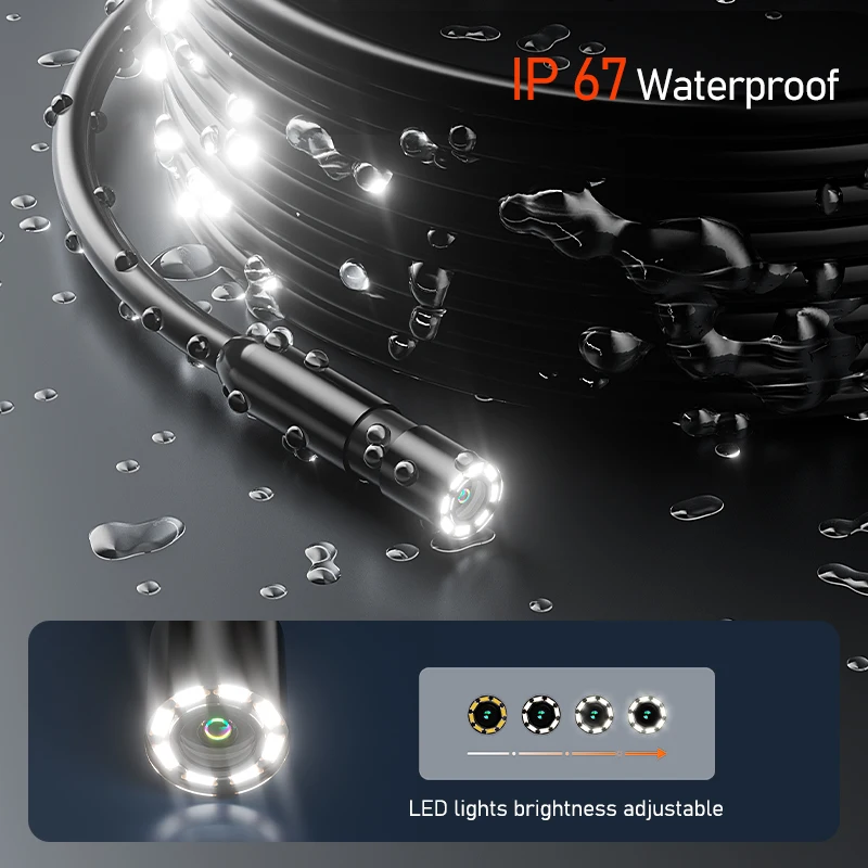 4.3'' IPS Screen Industrial Endoscope 8mm Probe with 8LEDs Car Pipe Inspection Borescope 5M Rigid Cable Waterproof Snake Plumbing Camera 2600mAh Battery 4