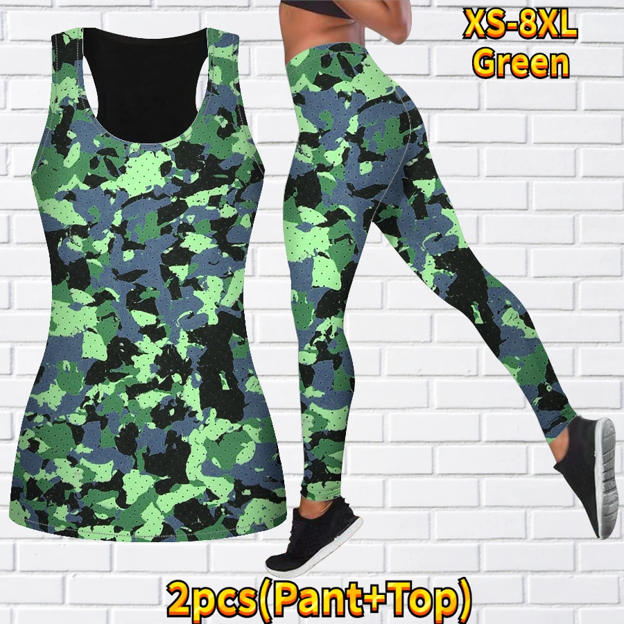 Women\'s Two-piece Yoga Set Sleeveless Casual Sports Vest Yoga Set 3D Camouflage Printed Sportswear Set XS-8XL