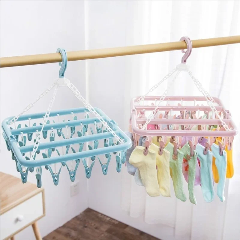 32 Clips Folding Clothes Hanger Children Adults Pants Dryer Windproof Socks Underwear Plastic Drying Rack Home Accessory 1