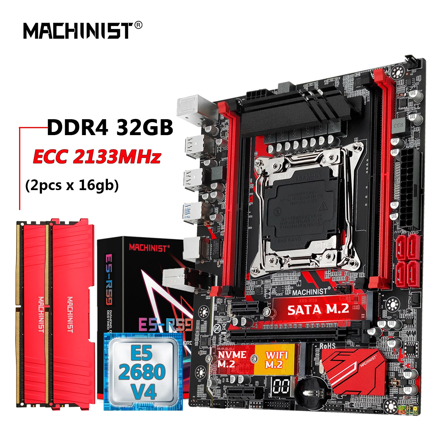 Machinist Rs9 X99 Scheda Madre Lga 2011-3 Set Xeon E5 2680 V4 Kit Processore Cpu E 2 Pezzi * 16Gb Ddr4 Ram Memory Combo Usb3.0