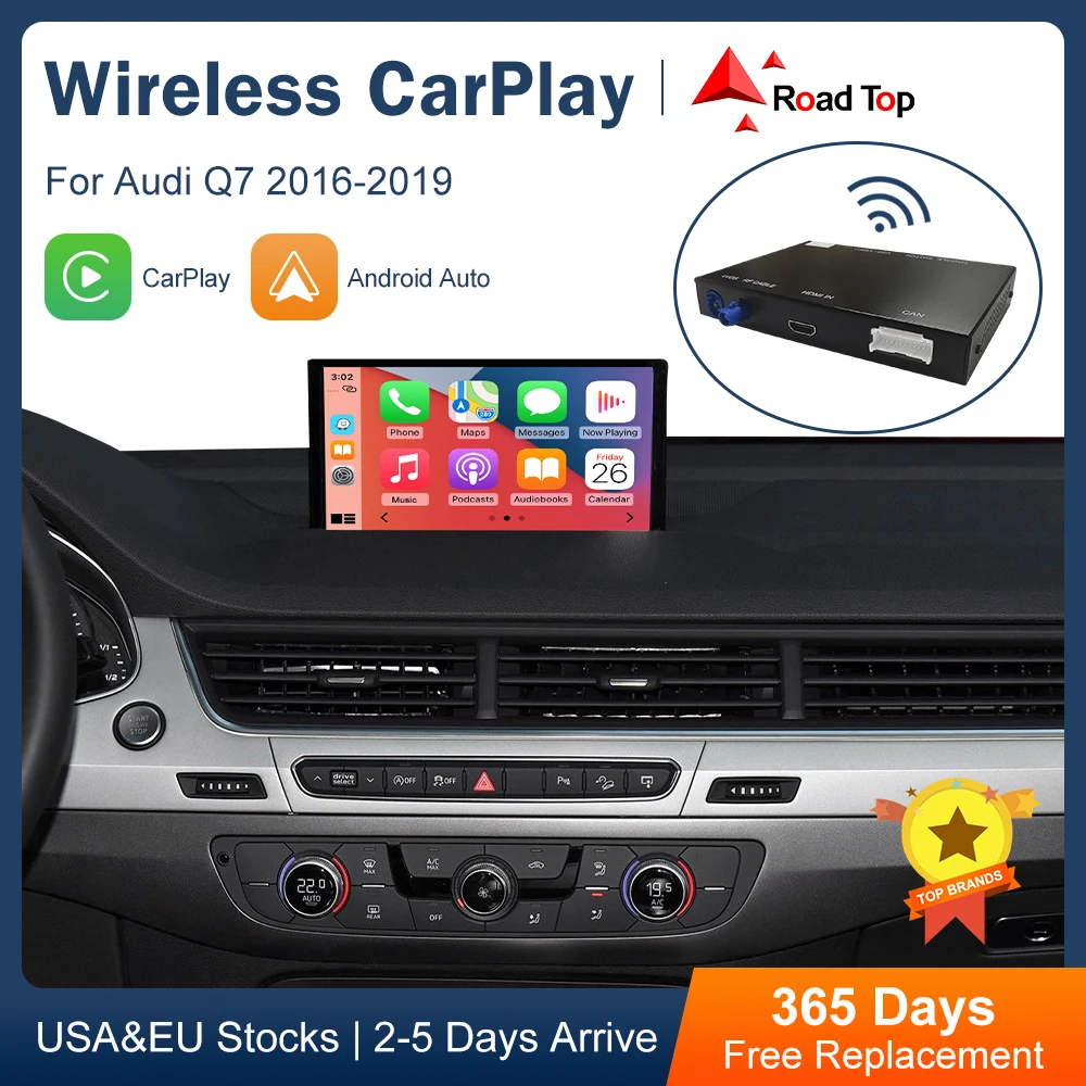 Road Top Wireless CarPlay Decoder Android Auto Interface for Audi Q7 2016-2019 with AirPlay Mirror Link Car Play Functions