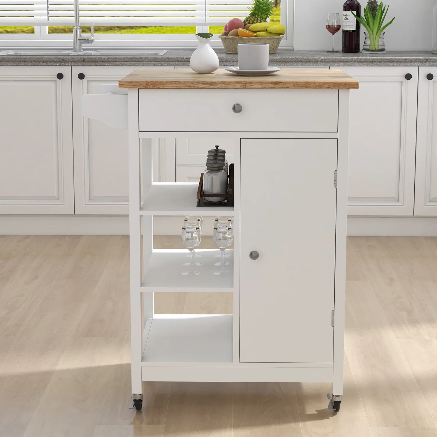 

Adjustable Rubber Wood Kitchen Island Rolling Trolley Cart with Towel Rack and Shelves - Portable and Functional Storage Solutio