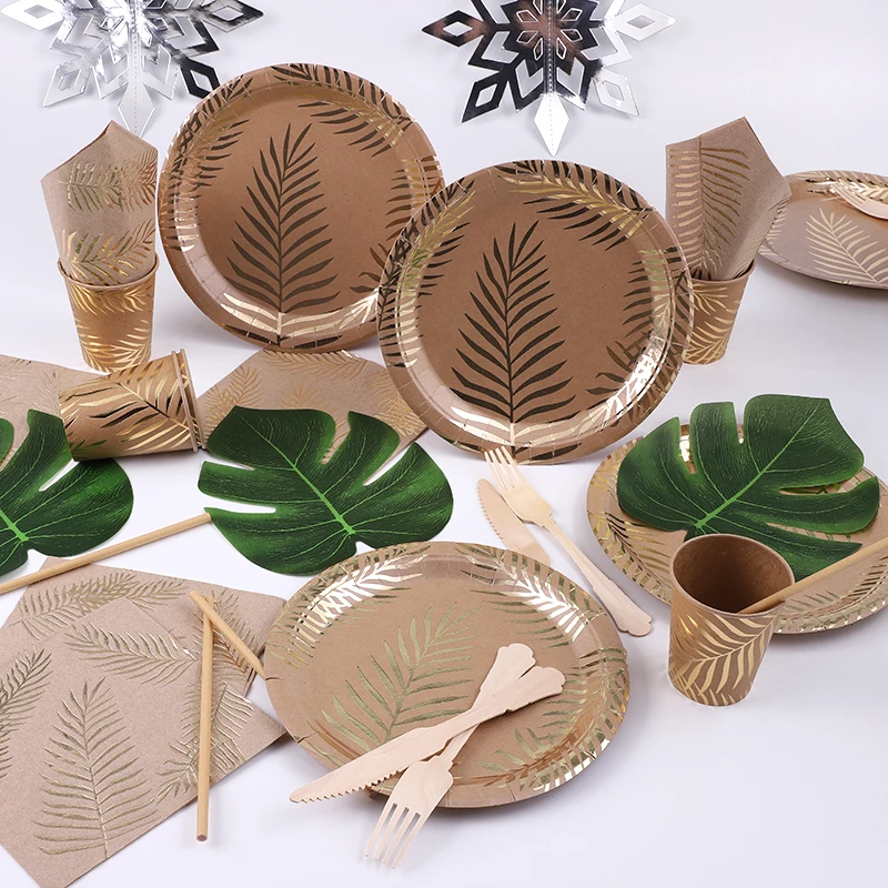 Disposable Kraft Paper Tableware Set – Golden Palm Leaf Pattern Plates, Cups, Napkins, ... - SKU KTS12264 - UGI Packaging