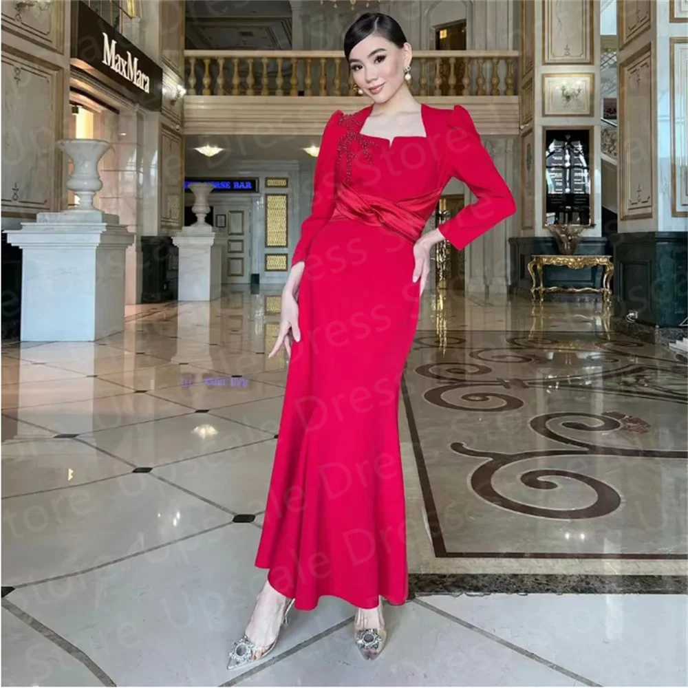 

Elegant & Charming Square Neck Ankle Length Mother's Dress for Wedding Long Sleeve Beaded Prom Party Dresses فستان سهرة نسائي