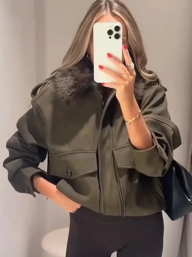 HH Women Fashion Faux Fur Lapel Coats Vintage Solid Long Sleeve Zipper Jackets With Pockets Autumn Winter Casual Warm Outwear