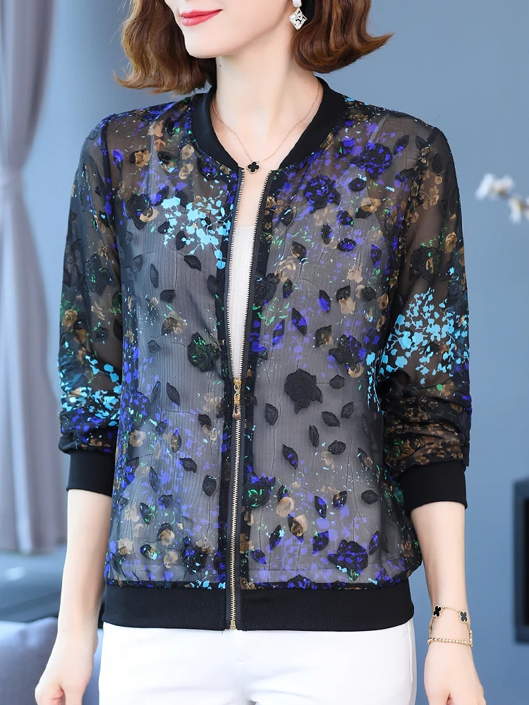 

Print Thin Jacket Woman Long Sleeve Zipper Coat Spring Summer Casual Slim Elegant Female Jacket
