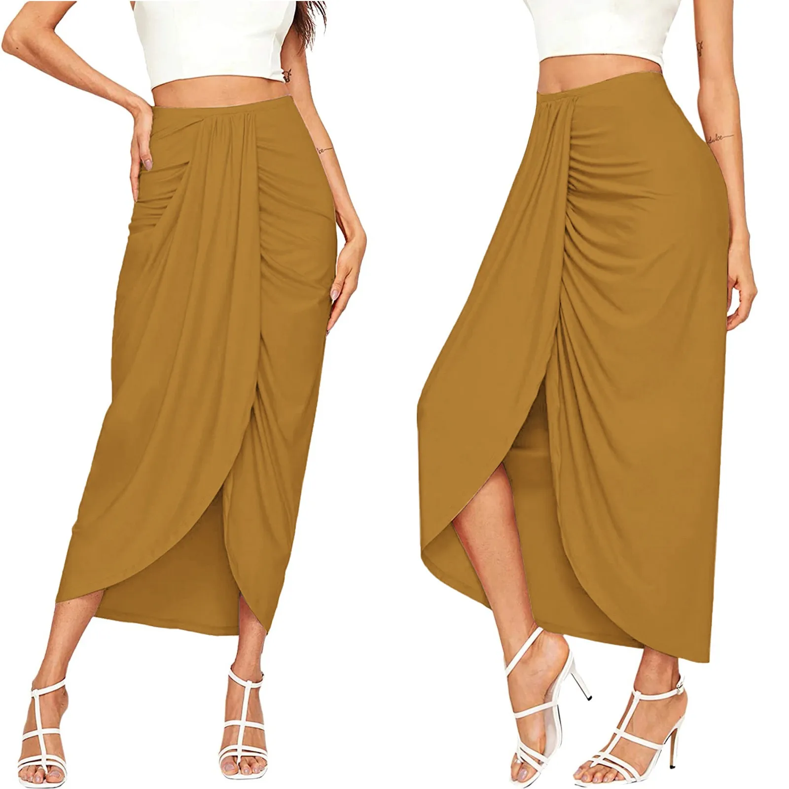 레트로 하이 웨이스트 백 지퍼 스플릿 스커트, 여성 오피스웨어, 매듭 랩, 중간 길이 스커트, 2024 여름 패션 