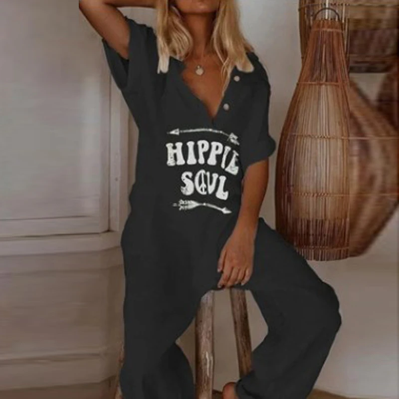 Summer Short Sleeve Eyelash Print Jumpsuit Casual Women Cotton Linen Playsuits V Neck Button Loose Overalls Romper Jump Suits