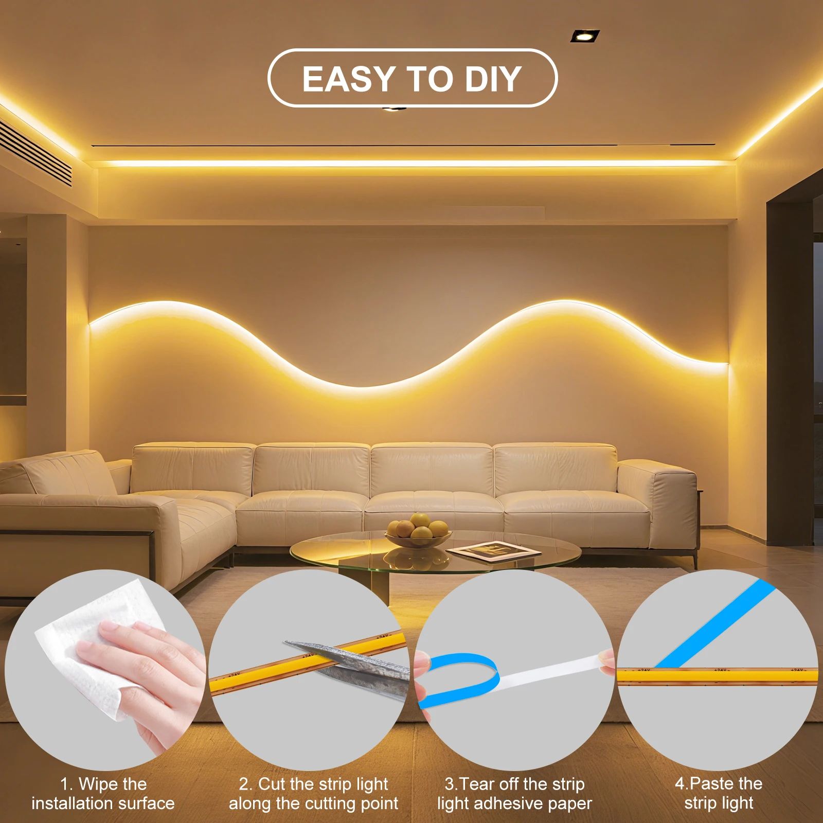 프리컷 LED 스트립 조명 12V 24V 400LEDs/M 자가 접착식 3000K 따뜻한 백색/4000K 중성 백색/6000K 백색 IP21 가정 장 유연 로프