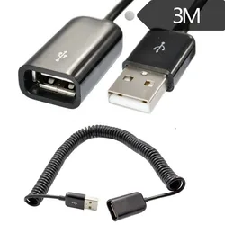 Coiled USB 2.0 Extension Cable - Male to Female, 1M/3.2Ft, Spring Design (Black 3m)