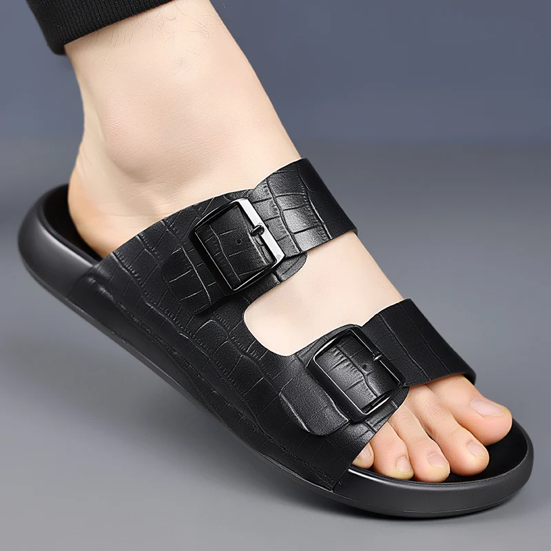 Summer Men Thick Bottom Slippers Leather High-quality Comfort Home Beach Vacation Slippers Casual Outdoor Breathable Beach Shoes