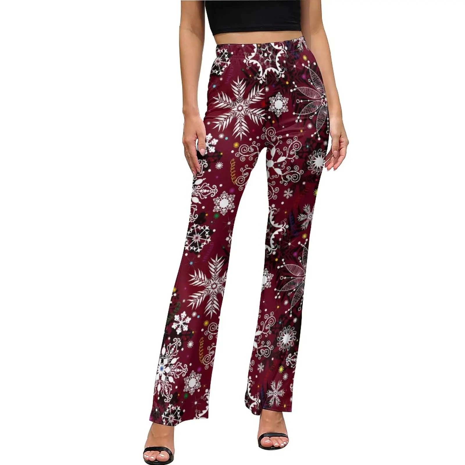 

White Snowflake Casual Pants Woman Christmas Print Slim Streetwear Flare Pants Daily Trendy Custom Trousers