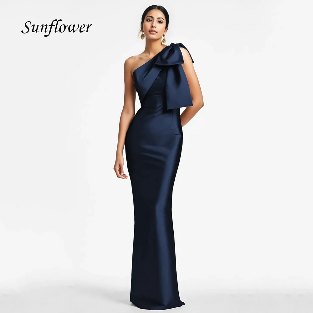 

Sunflower Mermaid Satin Evening Gown Long Dark Navy Ball Gown Pleated Floor Length