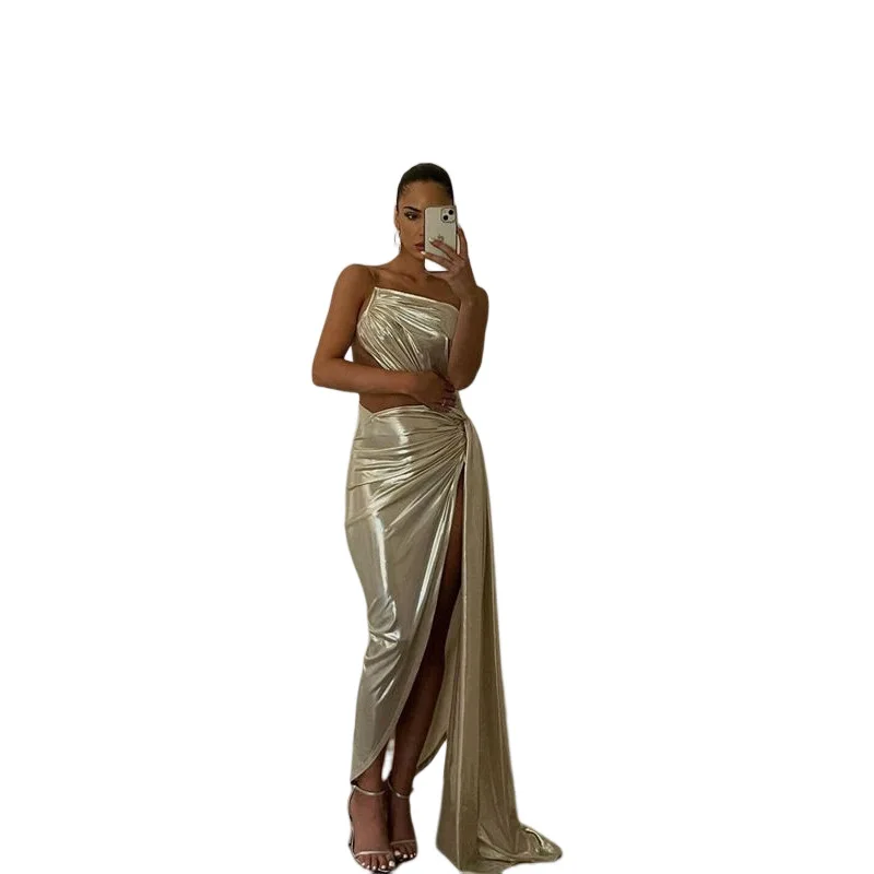 Cutenew Women's 2023 Spring New Slim Dresses Sliver Backless Elegant Skinny  Shiny Party Clubwear Casual Hollow Out Lady Vestidos