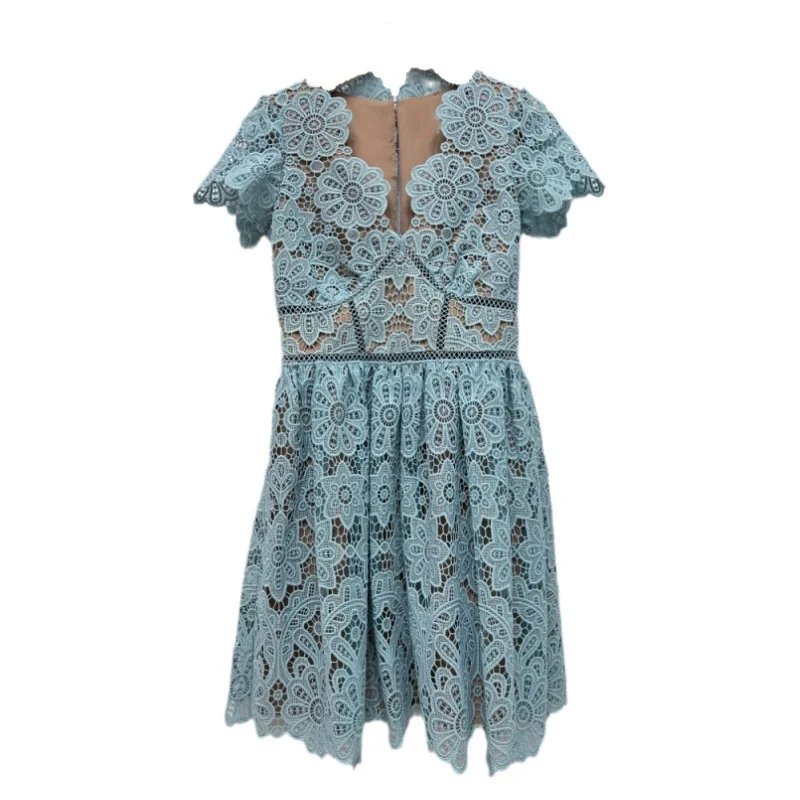 

Runway Summer Sexy Hollow Out Women Mini Dress Lace Flower Embroidery Mist Blue V-neck Evening Party Night Short Vestidos