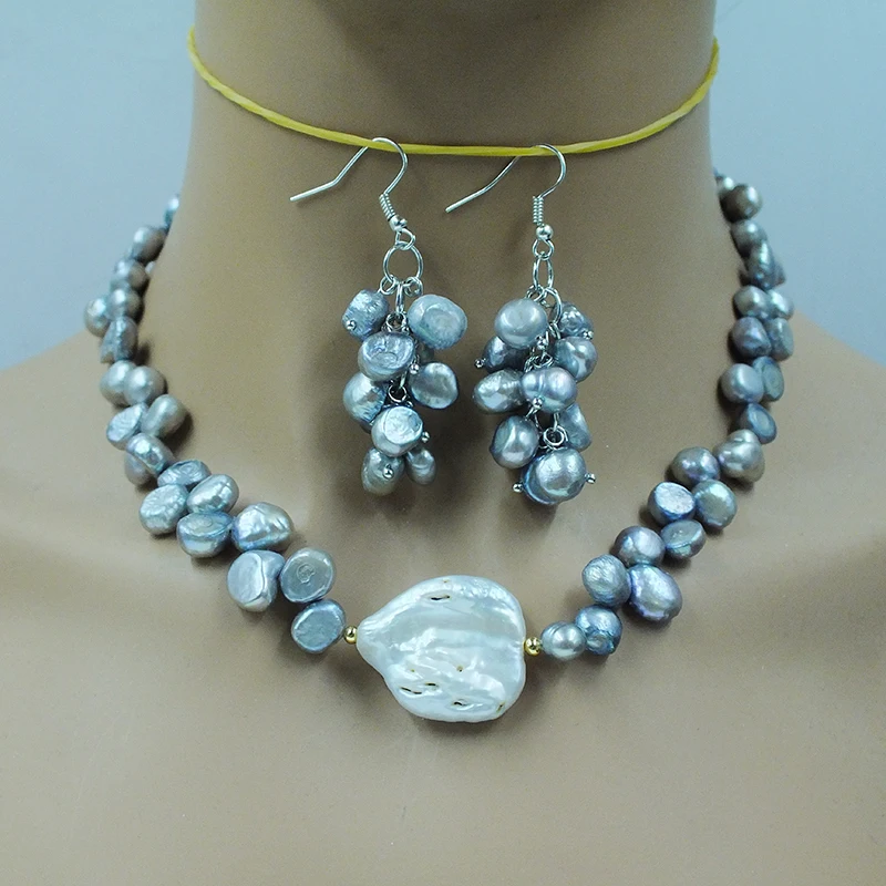 

Very exquisite. 8mm natural gray Baroque pearl necklace/earring set. Send the most beautiful gift to ladies