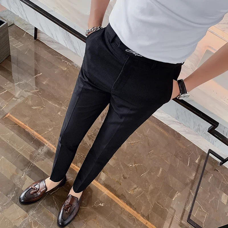 Black White Embroidered Business Formal Pants Men Korean Style Slim Office Social Suit Pants High Quality Streetwear Ankle Pants 4