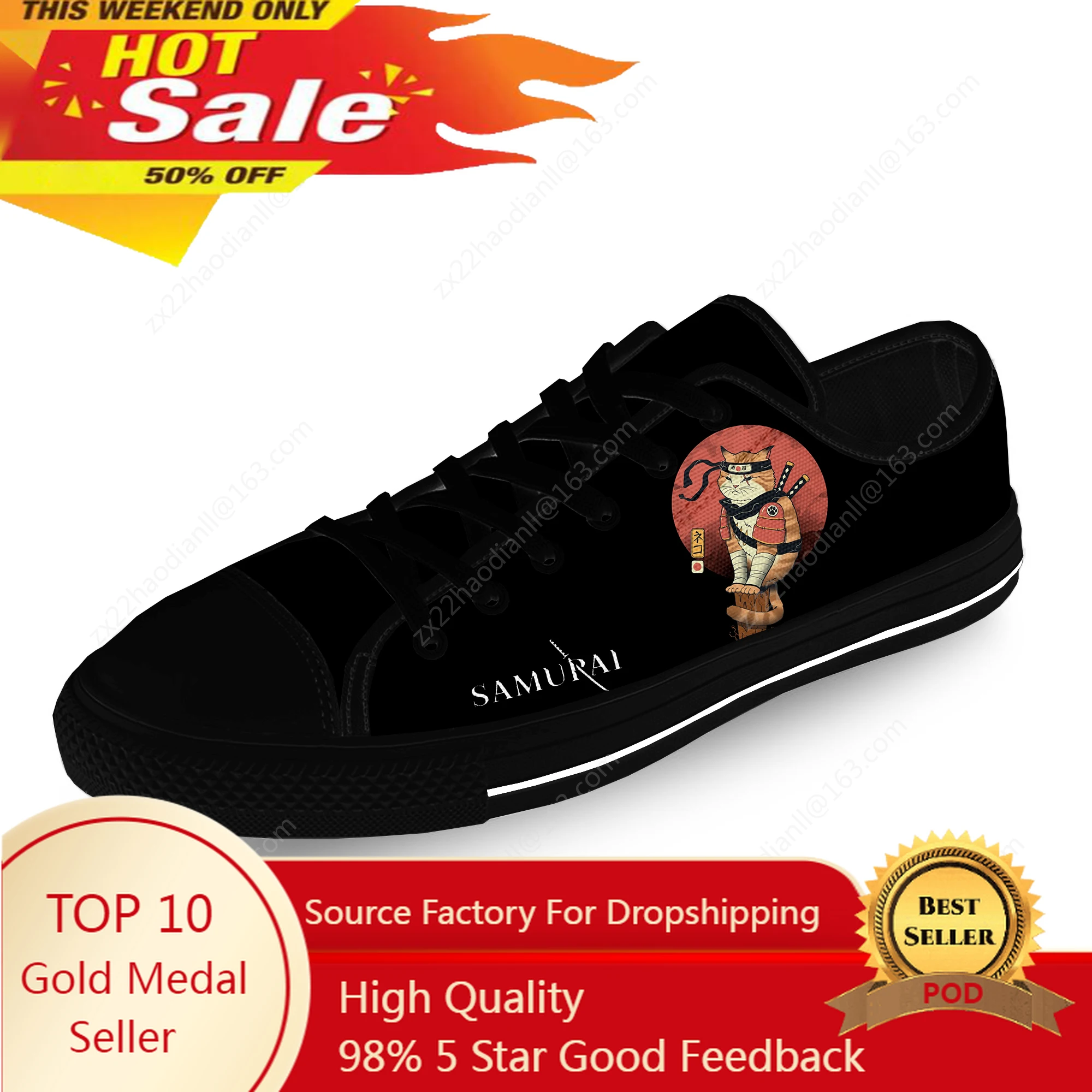 Samurai Cat Japanese Harajuku Casual Cloth Fashion 3D Print Low Top Canvas Shoes Men Women Lightweight Breathable Sneakers