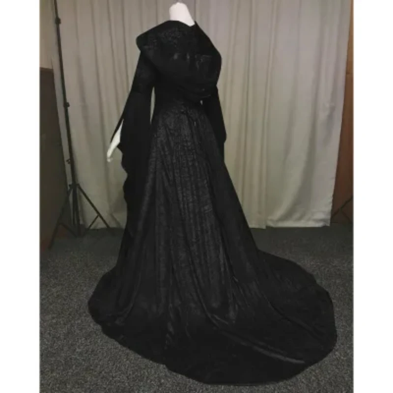 Robe Gothique Femme Patchwork Médiévale à Épaules Dénudées - Robe Vintage Élégante Manches Trompette Renaissance Victorienne Halloween Cosplay