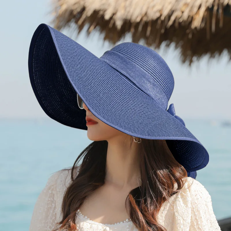 INS Handmade Weave Bow Sun Hats for Women 2023 Black Ribbon Large