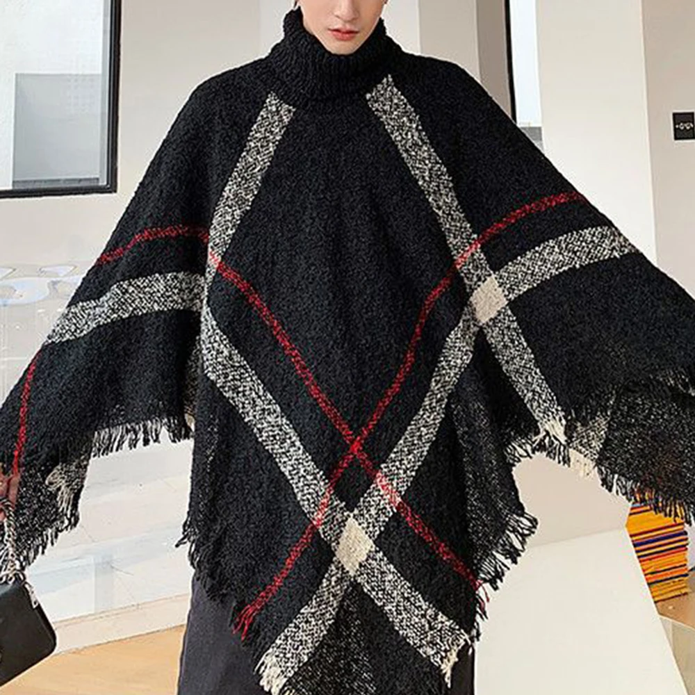 2024 Men's Spring Autumn Shawl Lady Knitted Wrap Plaid Pullover Cloak Loose Turtleneck Sweater Fall Winter Poncho Capes