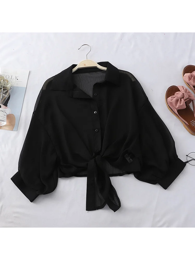 ตัวเลือกสินค้า เสื้อเชิ้ตชีฟองแขนยาว ผูกเอว หรูหรา ฤดูร้อน