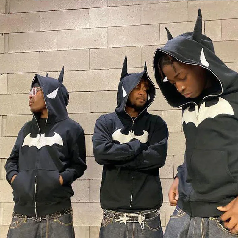 Batman Anime Hoodies Men Cartoon Embroidery Sweater Autumn Winter Fashion  Hip Hop Full Face Zipper Coat Women Loose Sweatshirt - AliExpress