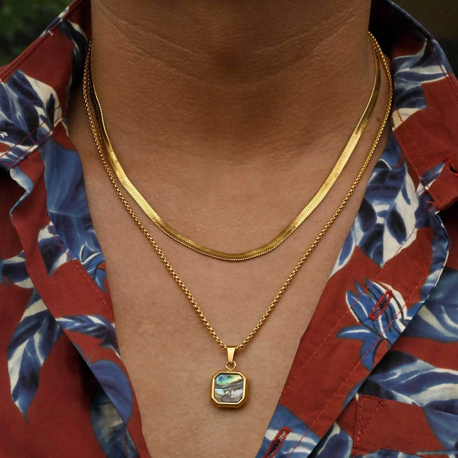 Trendy Abalone Shell Necklace for Men Boys,2pcs/set Stainless Steel Squre Pendant Necklace,Trendy Birthday Party Jewelry Gift