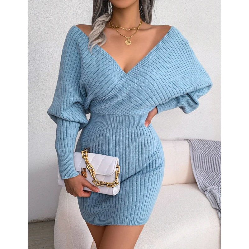 

Casual Cross V-neck Knitted Sweater Dress Women Fashion Long Bat Sleeve Green Bodycon Dress Autumn Winter Sexy Dress Robe 23849