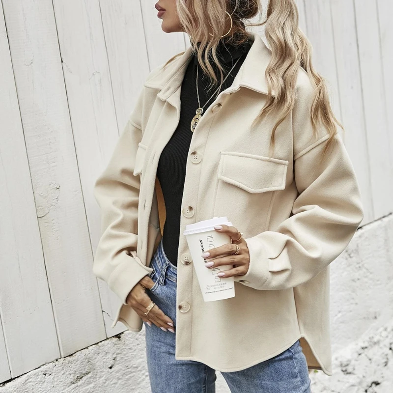 2021 Fall/winter New Style Lapel Single-breasted Thick Woolen Loose Casual Jacket Women's Long-sleeved Fashion Women's Clothing