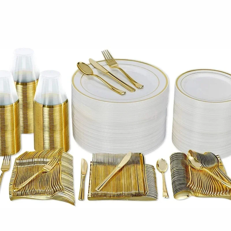 

100 Piece Gold Dinnerware Party SetGuest Dinner Plastic Plates Salad Silverware cups
