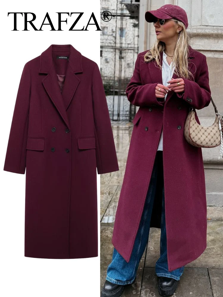 معطف صوفي نسائي أنيق من TRAFZA 2025 باللون العنابي...