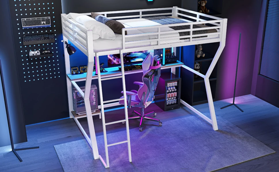 Hochbett, 90*200cm, mit LED-Beleuchtung, Computerkonsole, Schreibtisch, Steckdose + USB-Anschluss, Geländer, Treppe, ohne Matratze – Detail 22