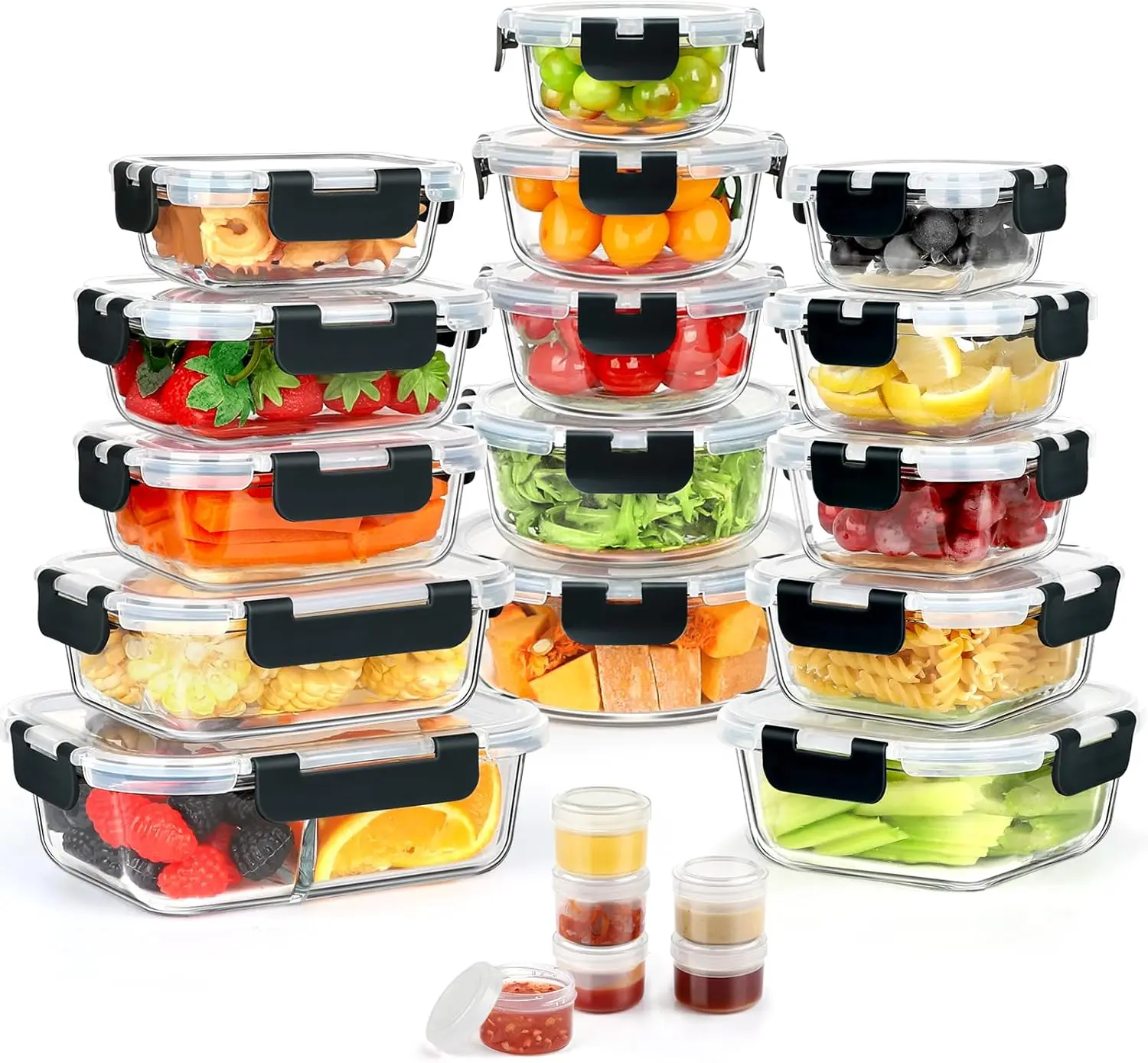 42pcs Glass Food Containers with Lids Set, 21 Containers & 21 Lids Include One 2 Compartments Glass Meal Prep wi