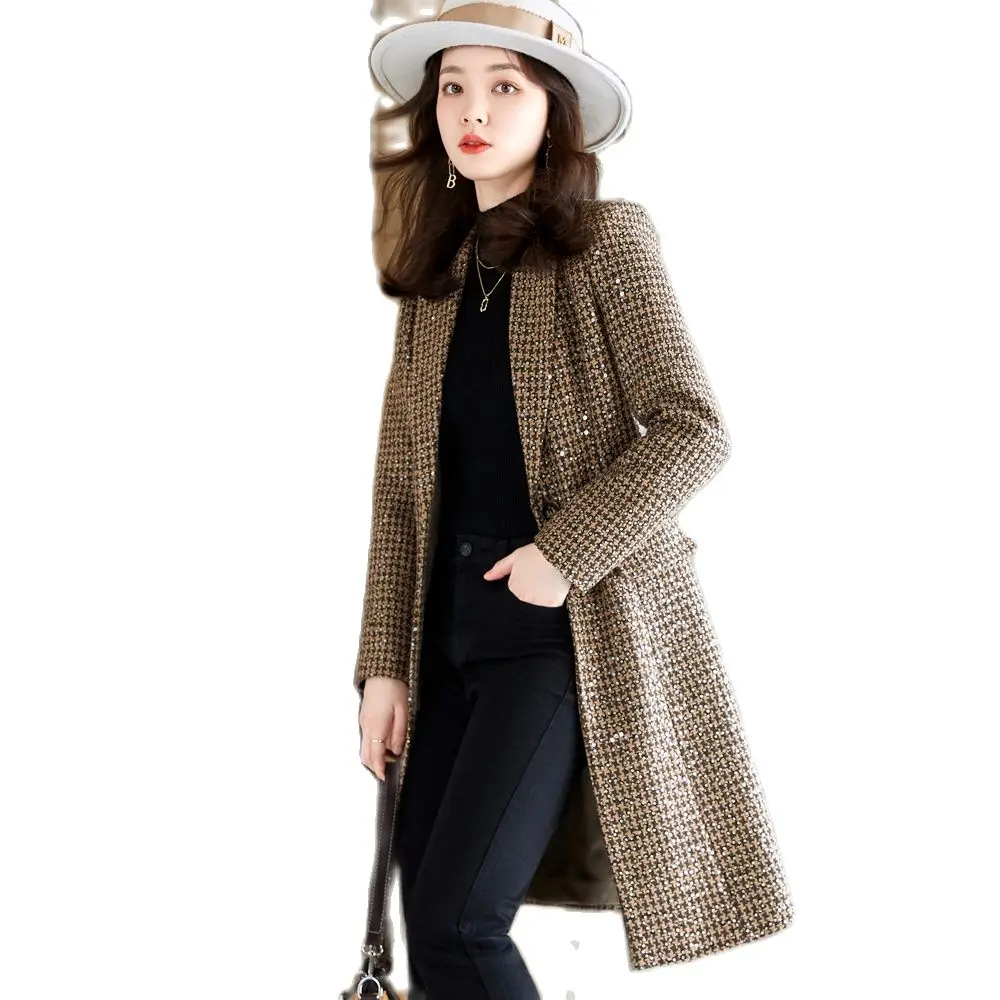 

Women's tweed women's suit winter Korean medium long jacket suit coat long suit collar coat office work coat women's coat