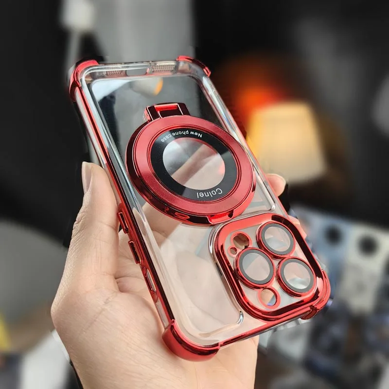 Luxury Magnetic Plating Stand Shockproof Clear Case with Acrylic Back Cover