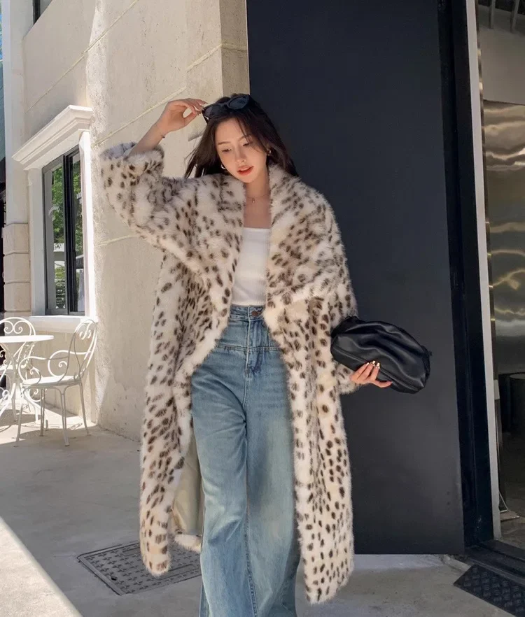 Description Picture 5 of itemS-9XL Winter Thick Warm Big Turn-down Neck Yellow Dot Windbreaker Coat Women Faux Mink Fur Leopard Long Overcoat Loose Trench