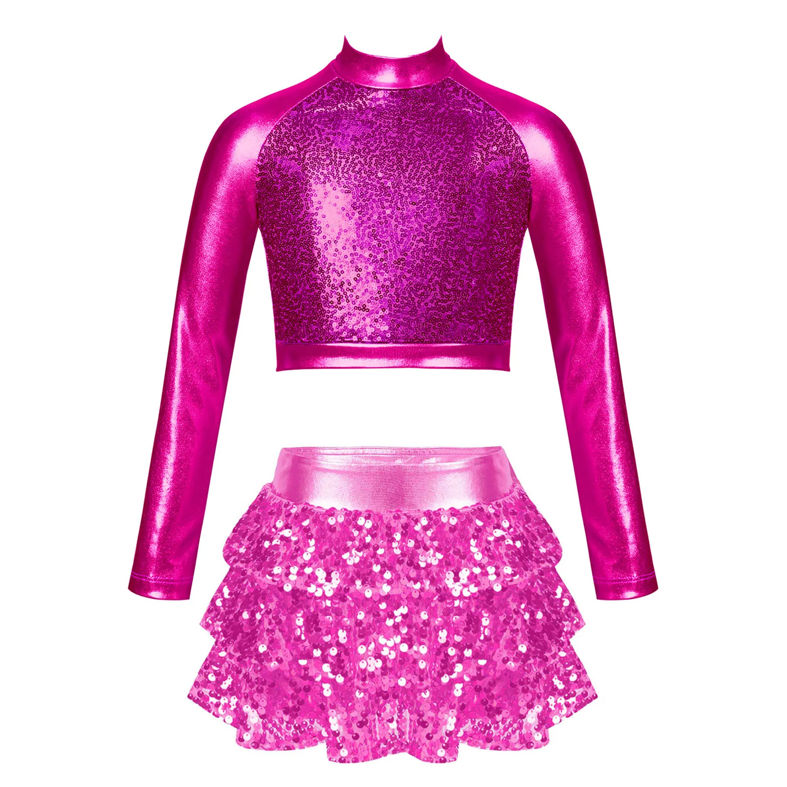 thumbnail image 1 of Niños Niñas Ballet Jazz baile de hip hop traje de actuación Top corto metálico brillante con volantes escalonados falda culottes cortos, 1 of 5