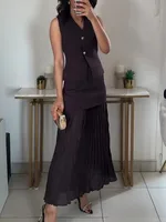 KONDALA Vintage Chic Women Knitted Suit VNeck Sleeveless Top Straight Long Spliced Skirt Fashion 2025 Spring Suit