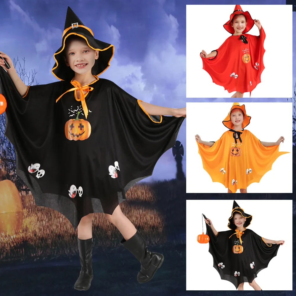 

Halloween Children Boys Girls Cute Pumpkin Cloak and Cap Set Bat Solid Short Cape One Size Witch Cosplay Show Costume