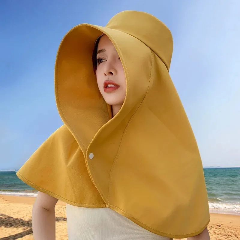 Summer Women Cap Outdoor Uv Anti Neck Protection Sun Visors Hat Fishing Hiking Big Brim Shawl Sunscreen Ponytail Cap Solid Color 3
