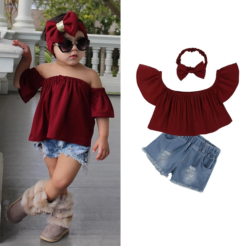 Fashion Girls Suit Tops + Pants 2 Pieces The Strapless Set Kids Bowknot Hole Pants Cute Girls Clothing Set